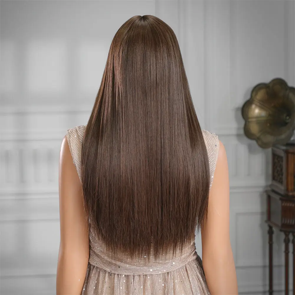 03/Perruque synthétique lisse longue brune avec frange pour femmes