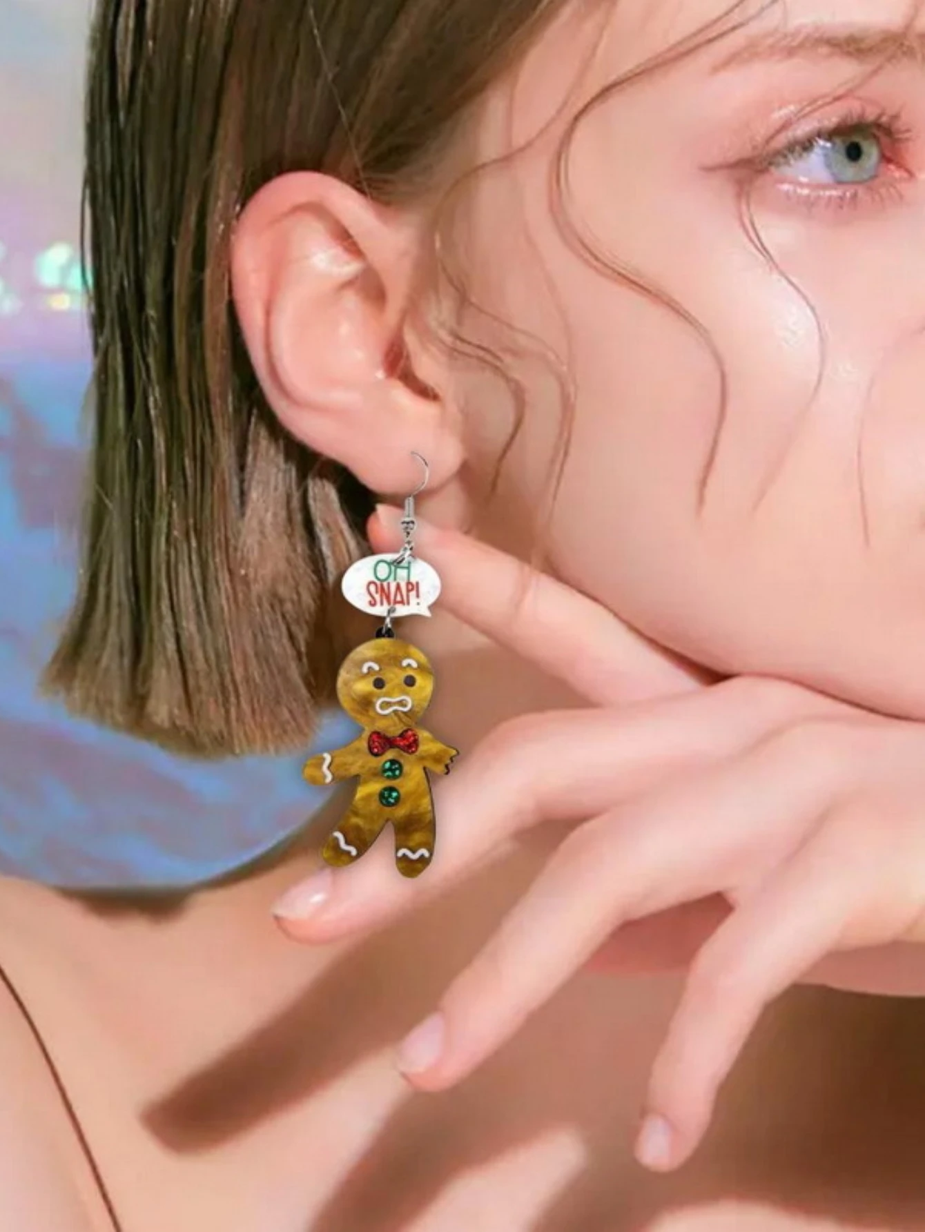 A Pair of Exaggerated Christmas Acrylic Bited Off Conversation Gingerbread Man Earrings and Earrings