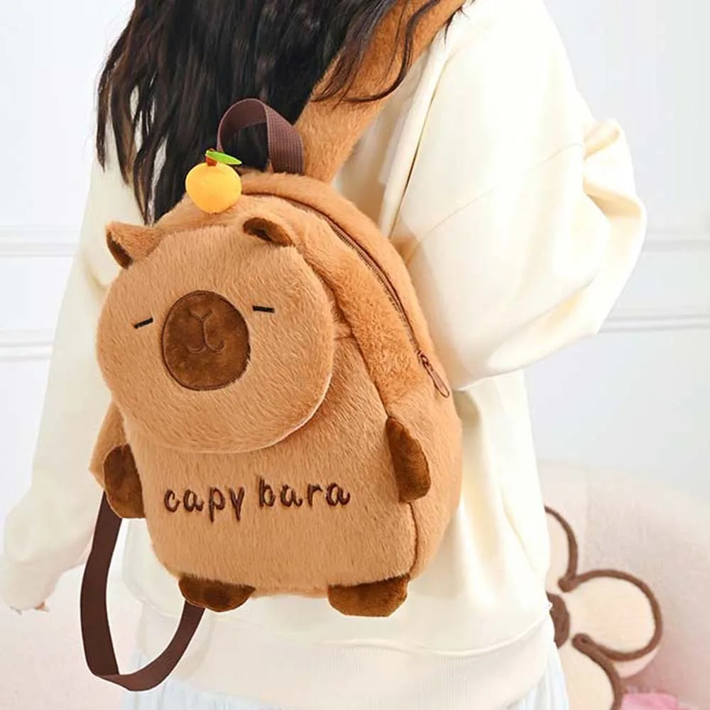 Sac à dos Capybara épais en coton PP brodé, sac de jour avec animaux de dessin animé, fourrure marron, sac d'école de grande capacité, cadeaux