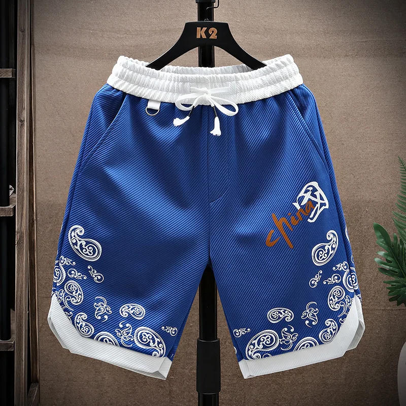 Summer Running Shorts Men Casual Jogging Sport Short Pants patchwork Print Drawstring Loose Dry Gym Sports Shorts