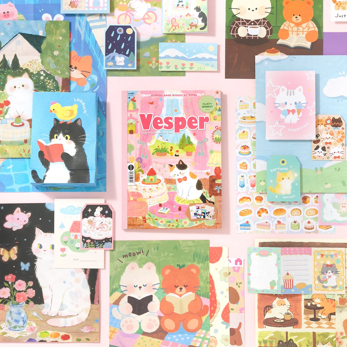 17 Sheets Coated Paper Material Book, Cute Cat Cartoon Prints for Journal Scrapbook Collage