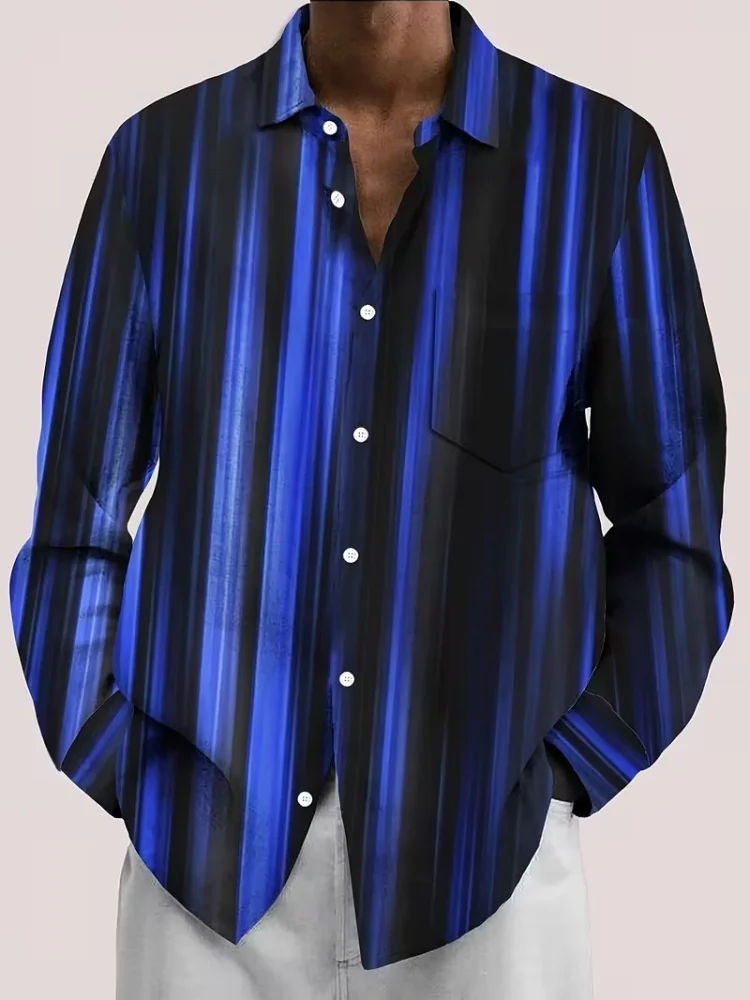 Men's long-sleeved shirt, blue-black gradient vertical stripes, versatile and comfortable for everyday business and commuting.