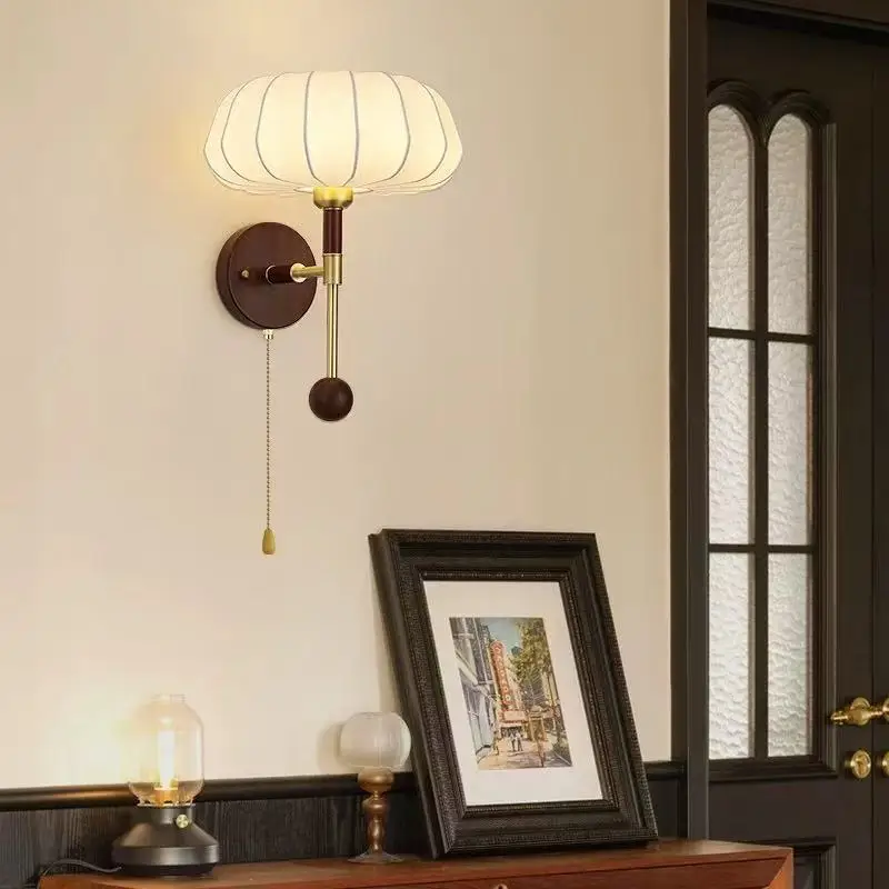 Cross mirror retro master bedroom bedside with pull wire wall lamp American stair wall lamp French medieval living room