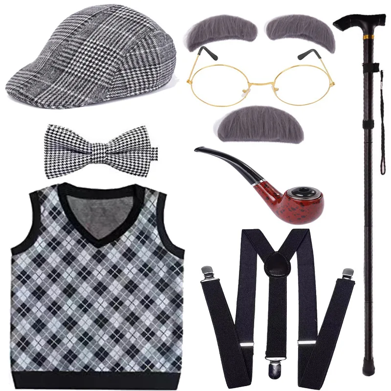 Boys-Halloween Old Man Costume Kids 100 Days of School Grandpa Set for Child Old Man Costume Set Old Man Costume Set for Kids