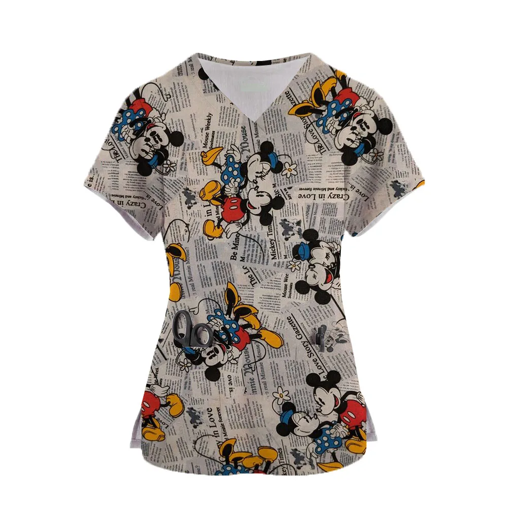 V-Neck Pocket Mickey Mouse Care Workers T-Shirt Tops Clinic Working Clothing Women Short Sleeve Scrub Tops Print Nurse Uniform ﻿