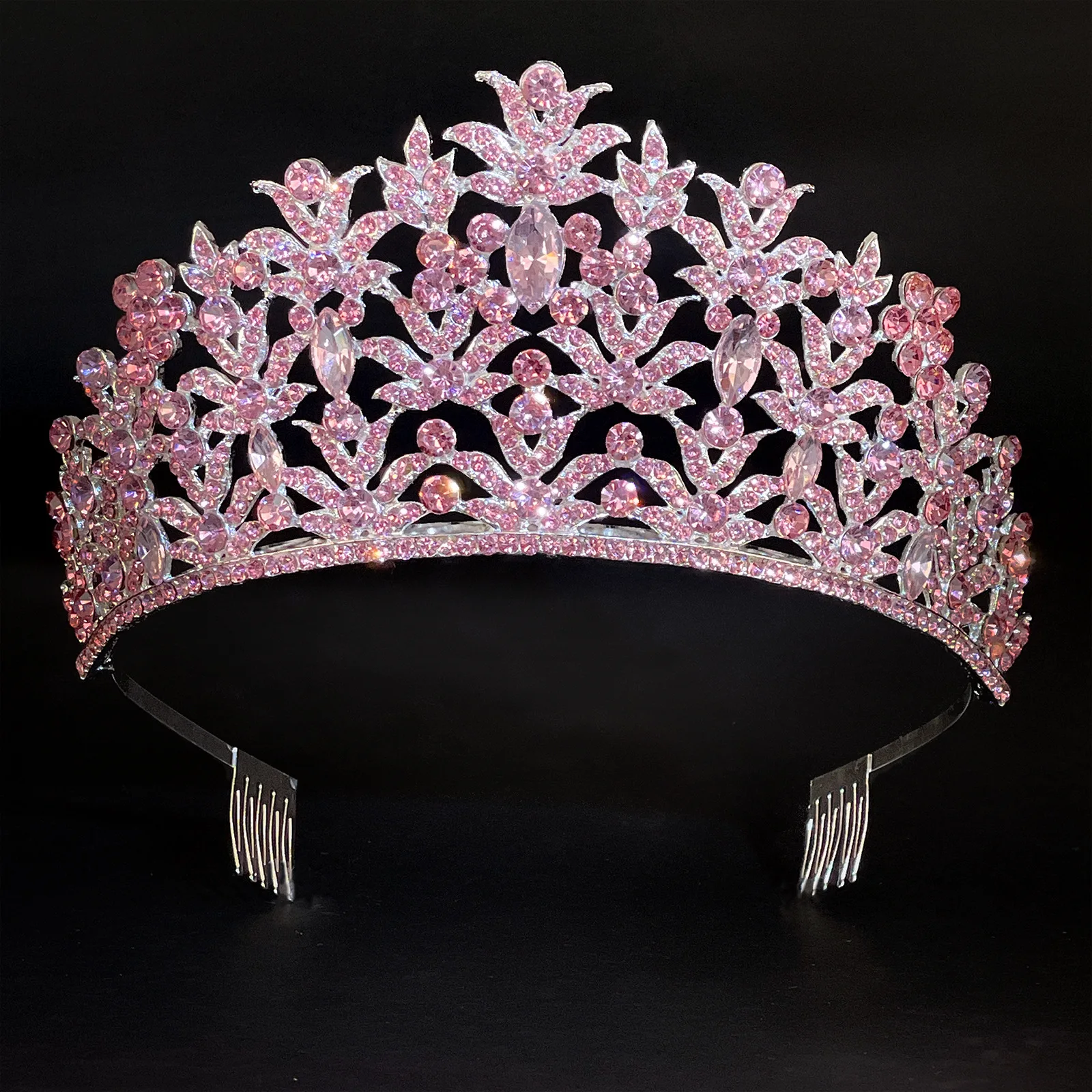 New Fashion Women Jewelry Pink Crystal Pageant Rhinestone Crown With Comb Tiara