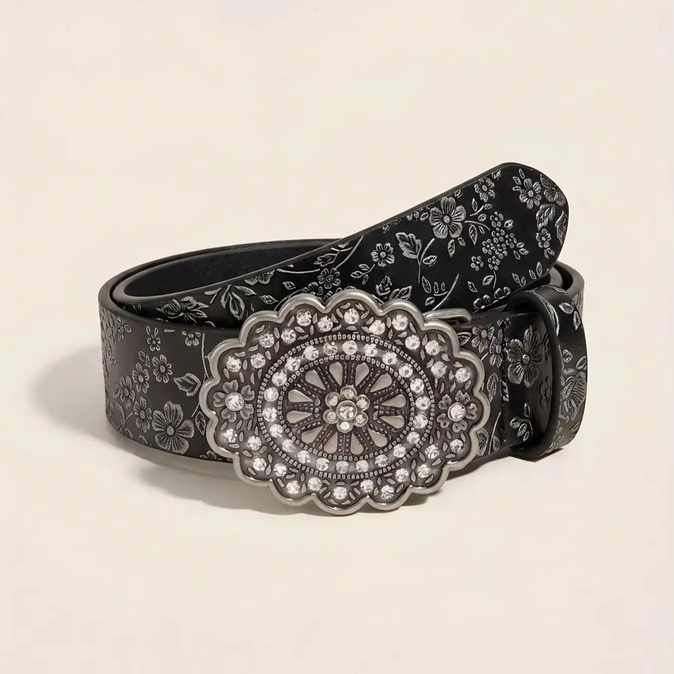 1pc women's Bohemian-style black floral embossed belt, vintage versatile denim-style belt, suitable for casual occasions