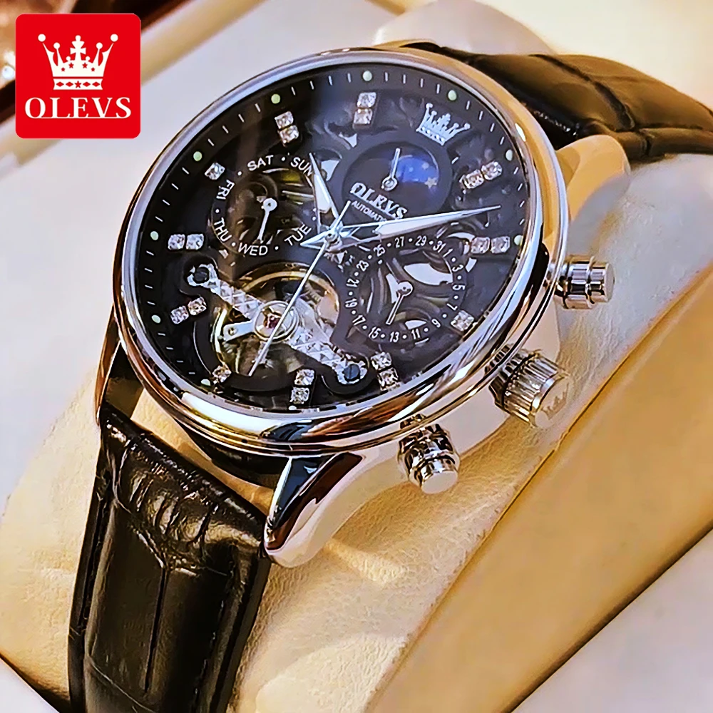 

OLEVS Men's Watches Luxury Casual Hollow Out Self-winding Flywheel Original Automatic Mechanical Wristwatch Moon Phase Luminous