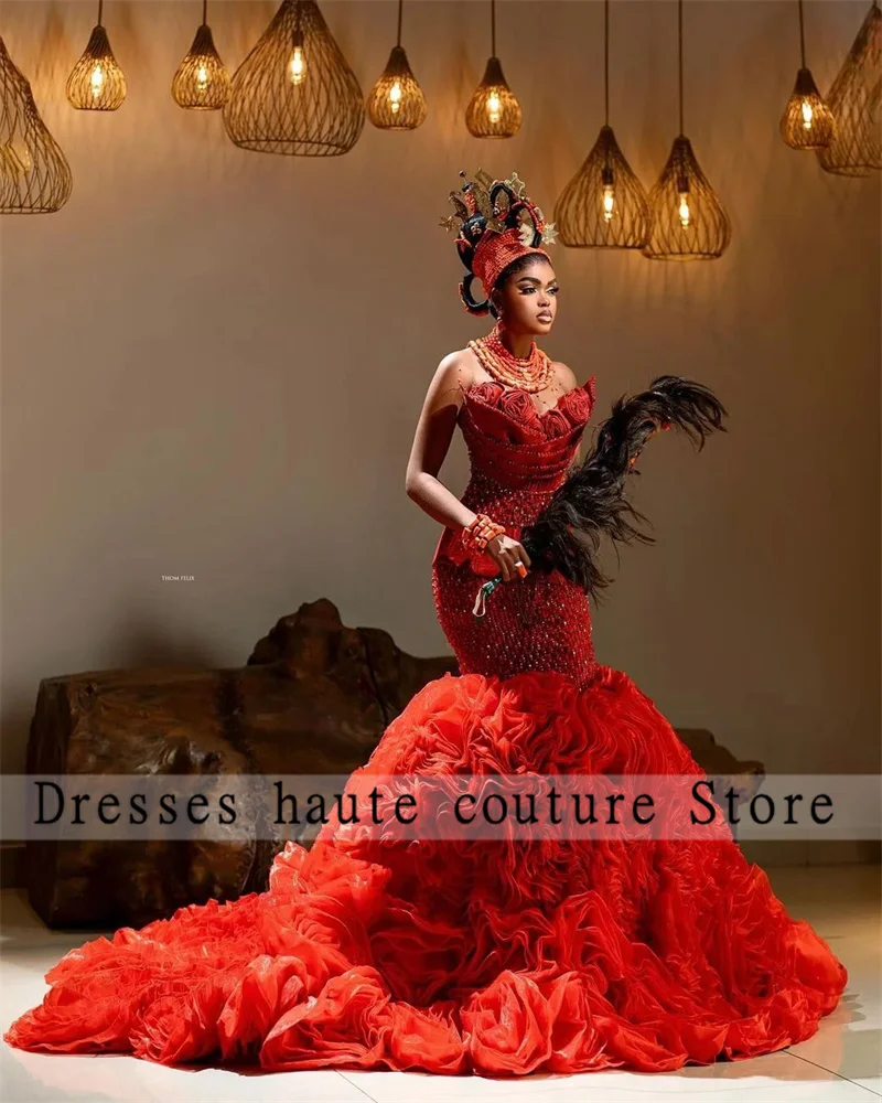 Luxury Beaded Traditional African Red Prom Dress Ruffled 2025 Tulle Aso Ebi Flowers Evening Dress Formal Party Gown Customized