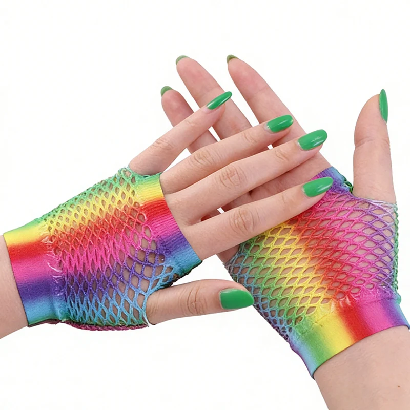 Rainbow Fishnet Short Gloves Prom Party Bridal Wedding Ceremony Sexy Punk Performance Wedding Party