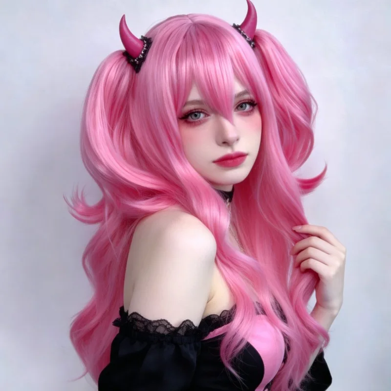 Personalized Fashion Halloween Sweet Devil Pink Double Ponytail Women'S Wig Outdoor Party Cosplay Simulation Synthetic Wig