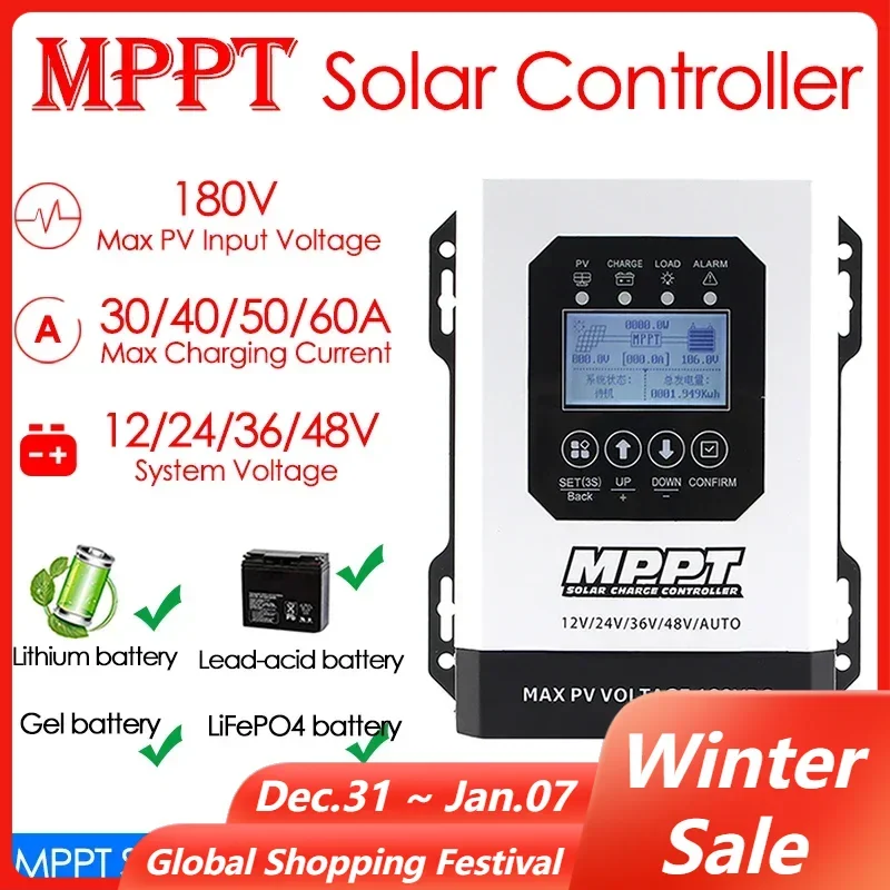 30A 40A 50A 60A MAX 180VDC MPPT Solar Controller PV Regulator Auto Match 12V 24V 36V 48V for Lifepo4 Lithium GEL Lead Acid