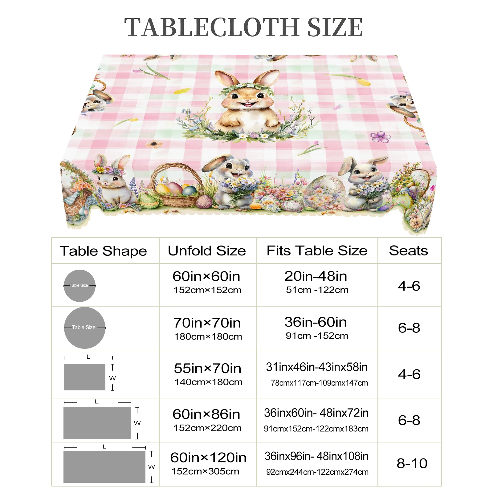 1 Easter Round Tablecloth, 5 Sizes Available, Tulip Easter Bunny Egg Plaid Printed Square Tablecloth, Edge Embossing Process, Spring Garden