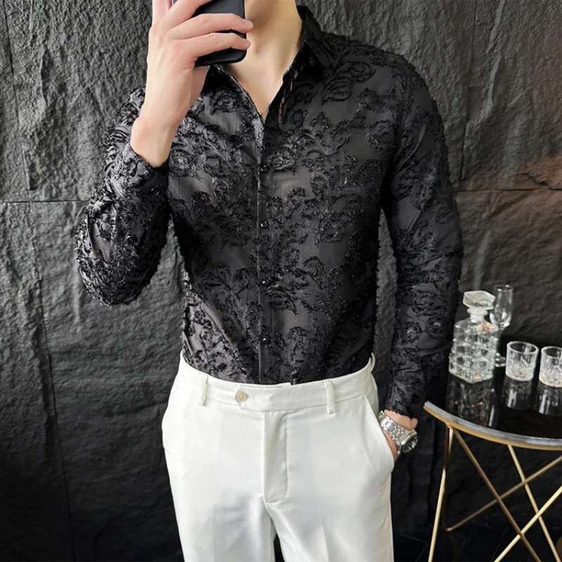 Sexy Hollow Out Shirt Men Fashion Long Sleeve Shirts Nightclub Stage Performance Costumes Casual Social Tuxedo Streetwear Blouse