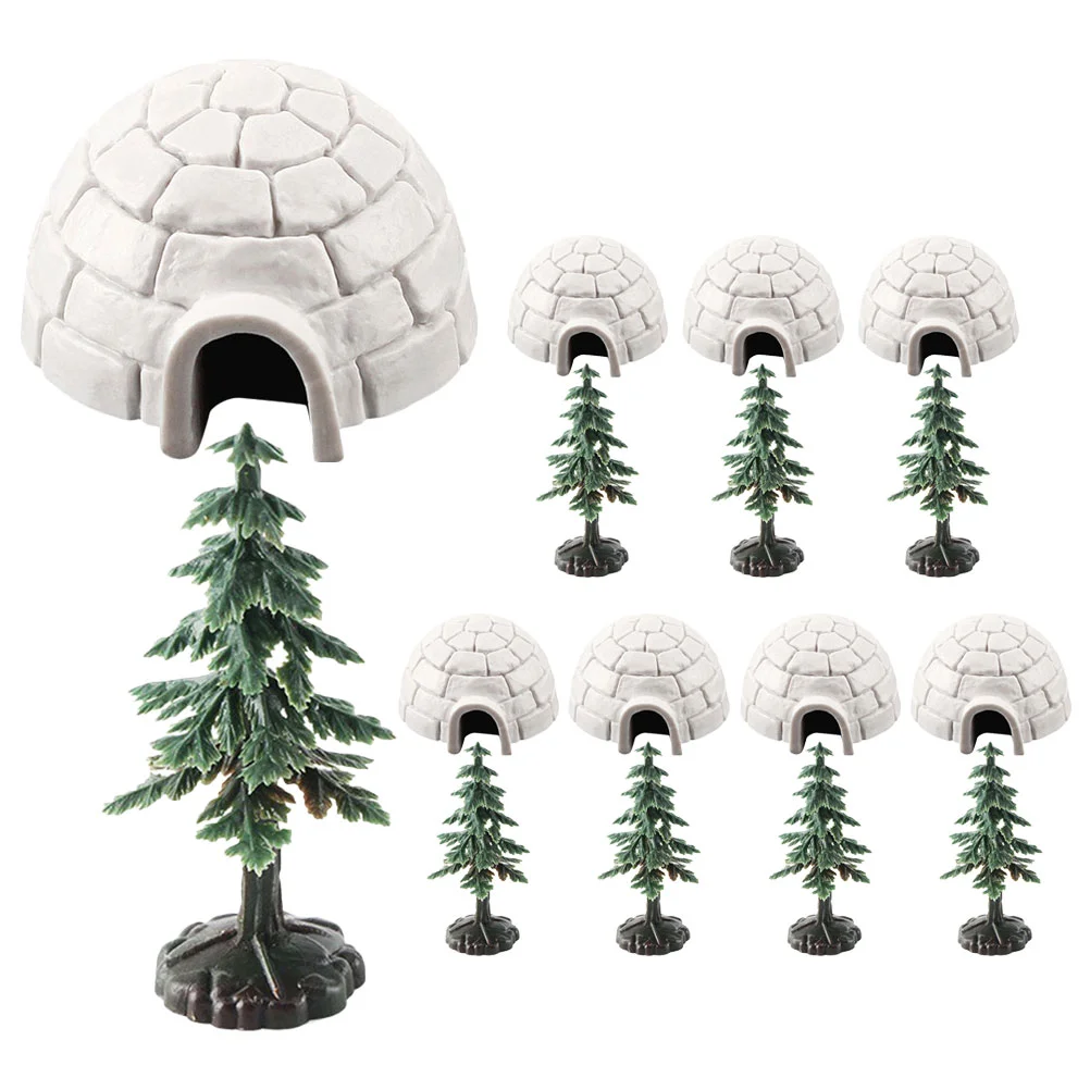 

8pcs Lifelike Models Mini Christmas Trees Decorative Ice House Statues Plastic Garden Sculpture naments for Festive