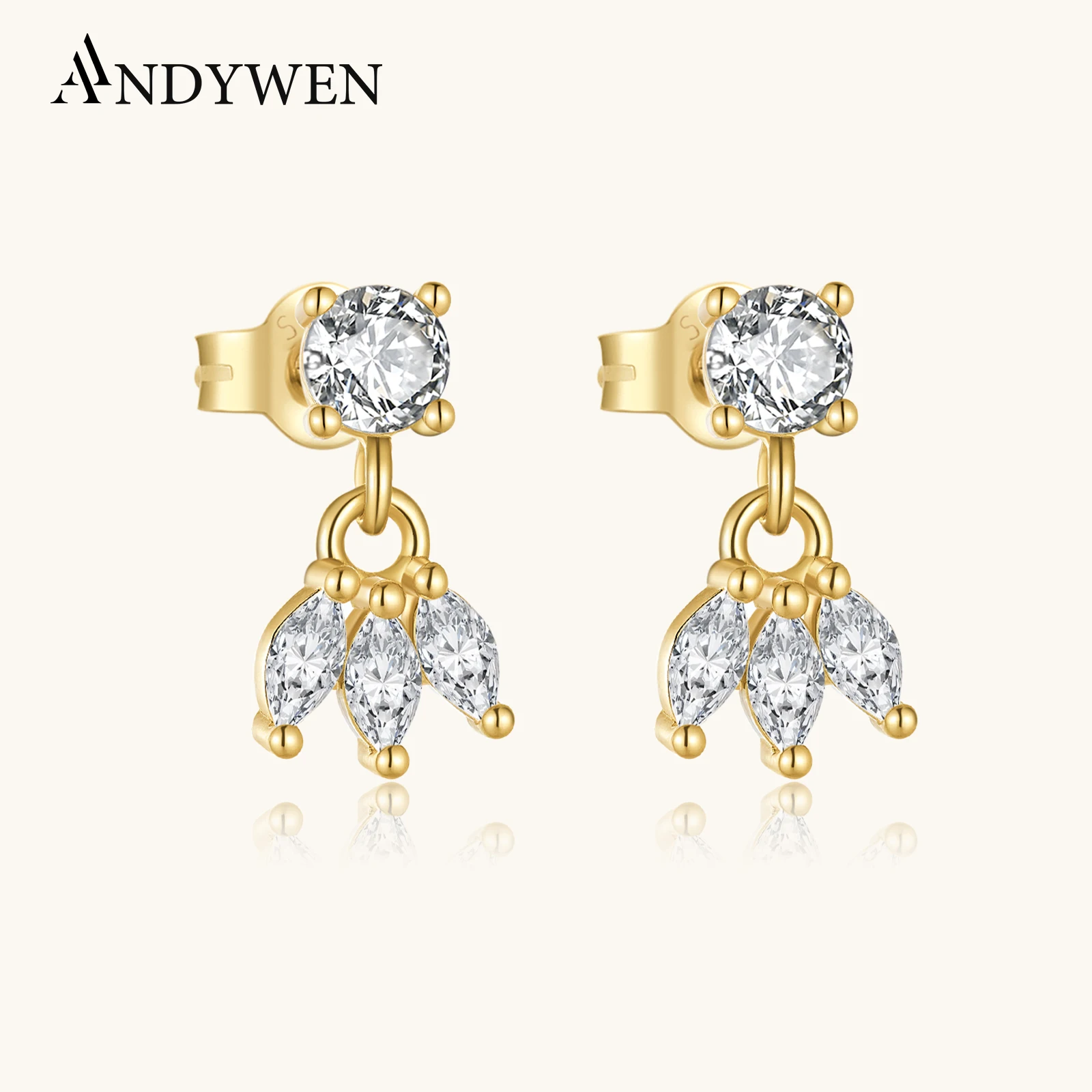 

ANDYWEN 925 Sterling Silver Round Marquise Stud Earring CZ Zircon Dangle Delicate Women Casual Jewelry for Daily Wear
