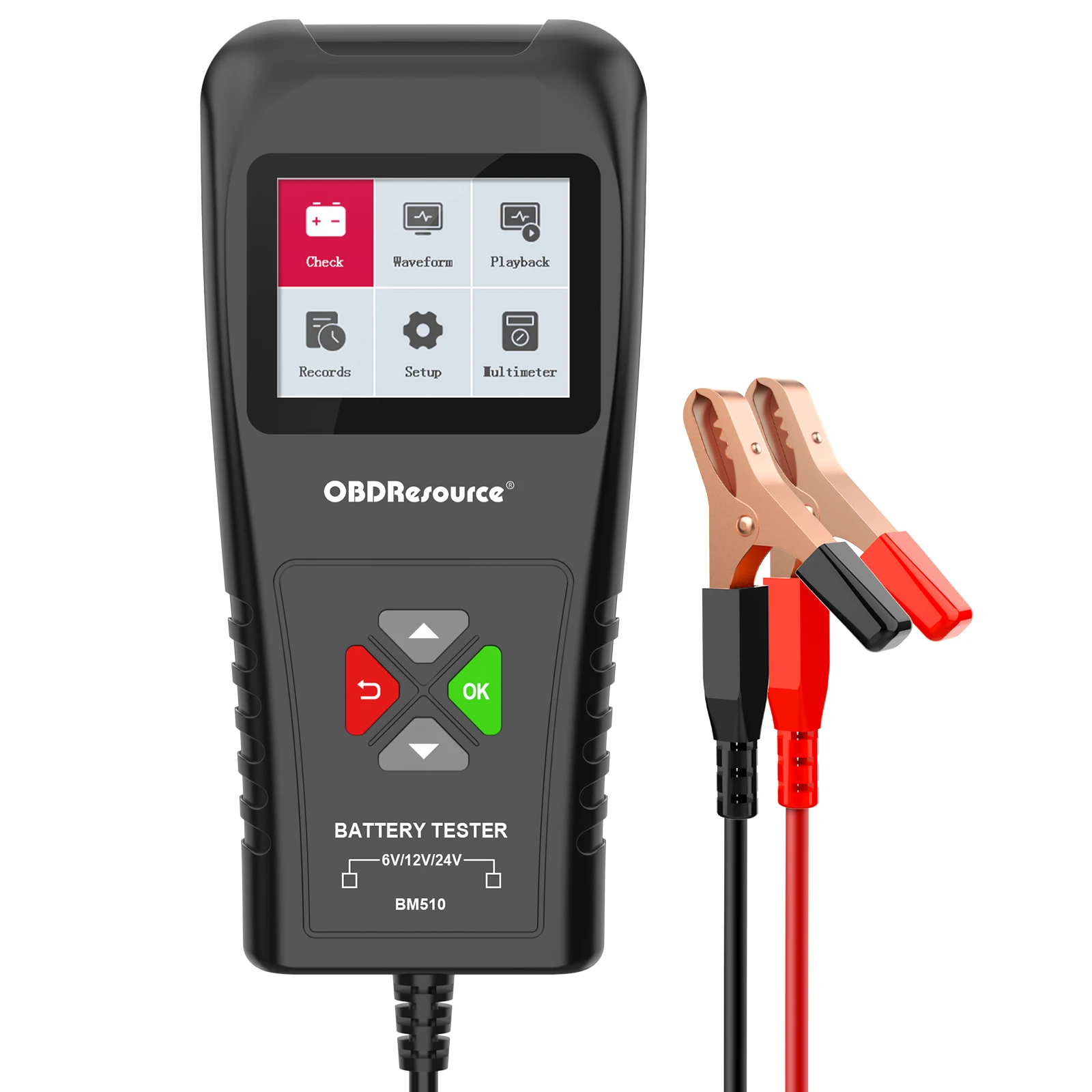 OBDResource Autoaccu Tester 6V, 12V, 24V, BM510 Autoaccu Belastingsanalysator 100-2000 CCA voor Auto, Vrachtwagen, Motorfiets, Boot