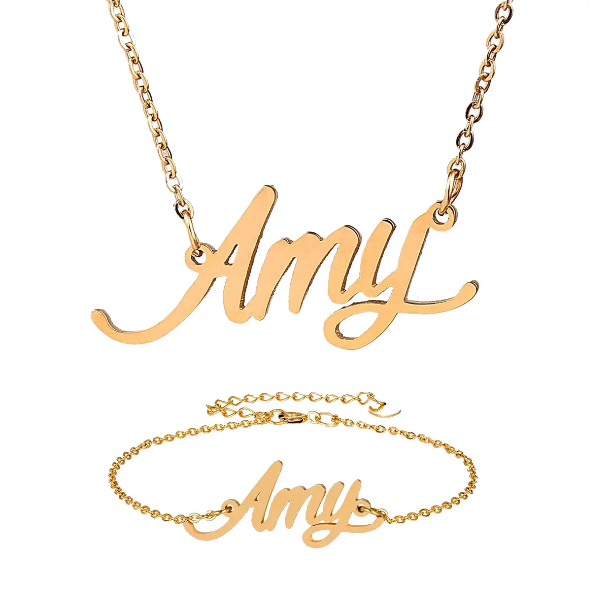 Amy Name Necklace + Bracelet Jewelry Set Stainless Steel Letters Charms Pendant Jewelry Sets Gift