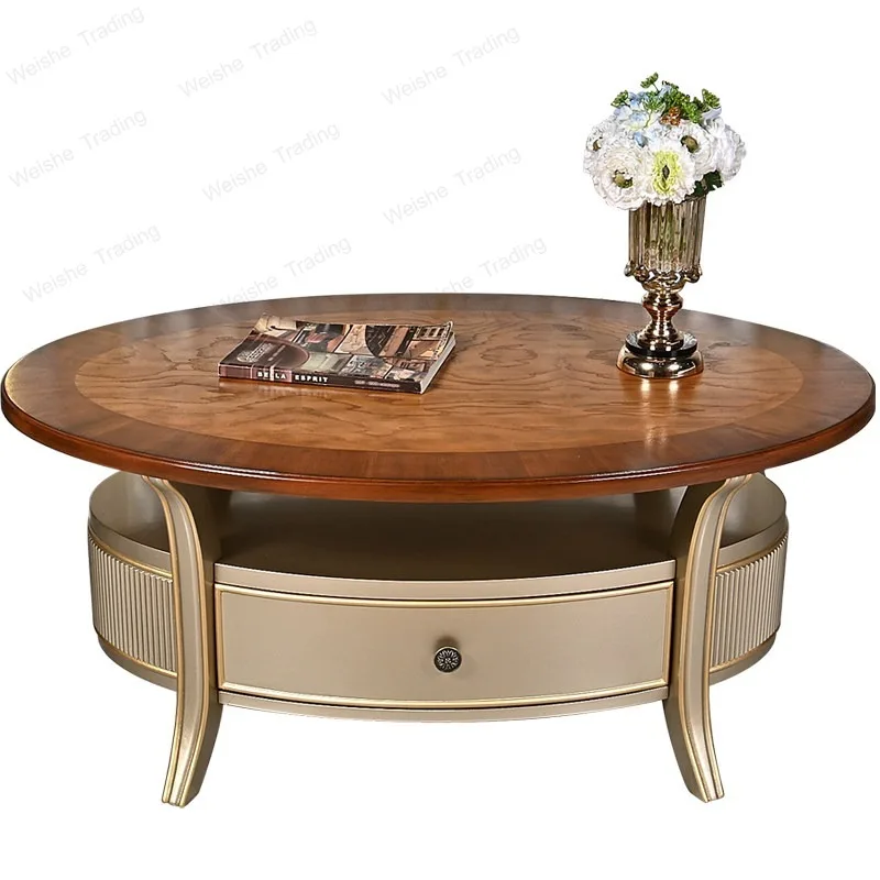 American rural light luxury solid wood panel coffee table, two-layer simple oval desktop