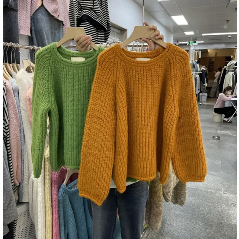 South Korea 2024 Autumn/Winter Clear Color Temperament Slimming and Age Reducing Versatile Round Neck Pullover Knitted Sweater