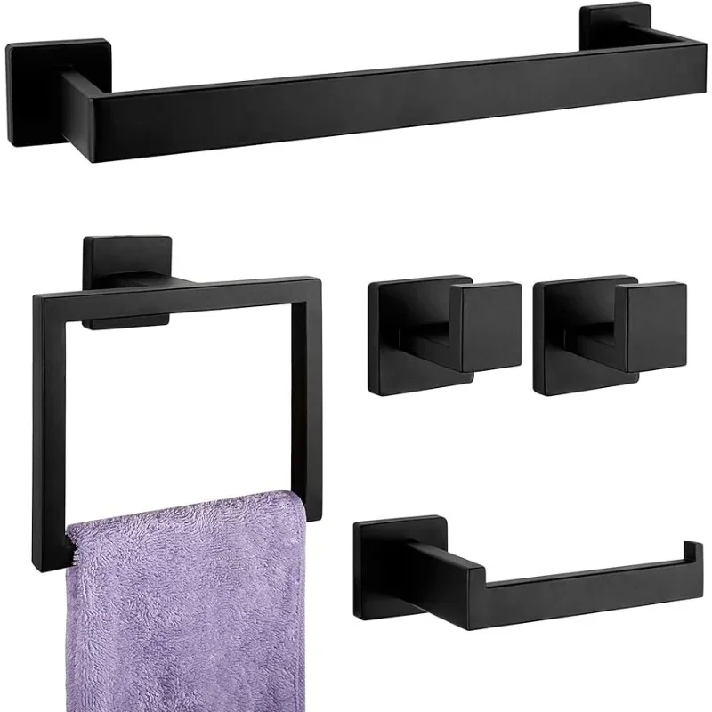 5-Pieces Matte Black Bathroom Hardware Accessories Set, SUS304 Stainless Steel Bath Towel Bar Set