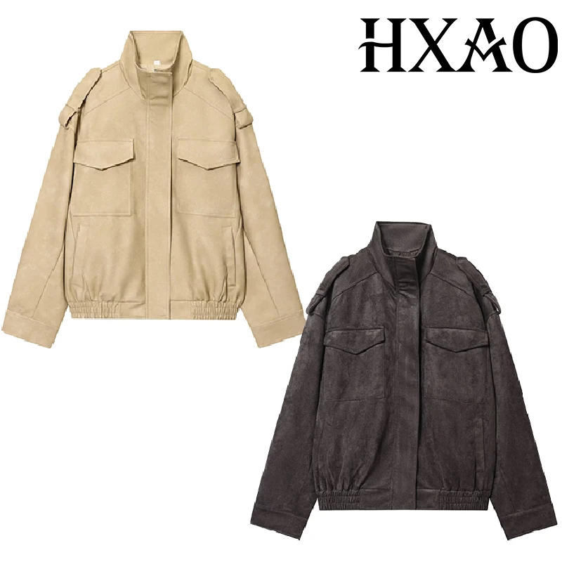 HXAO المرأة سترة من جلد الغزال ديمي الموسم فو الجلود Bomber جاكيتات للمرأة معاطف طويلة الأكمام اقتصاص دراجة نارية سترة اسكواش
