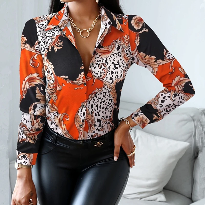 2023 Fashion New Women Ladies Casual Boutique European and American Vintage Printed Color Matching Long Sleeve Blouses Shirts