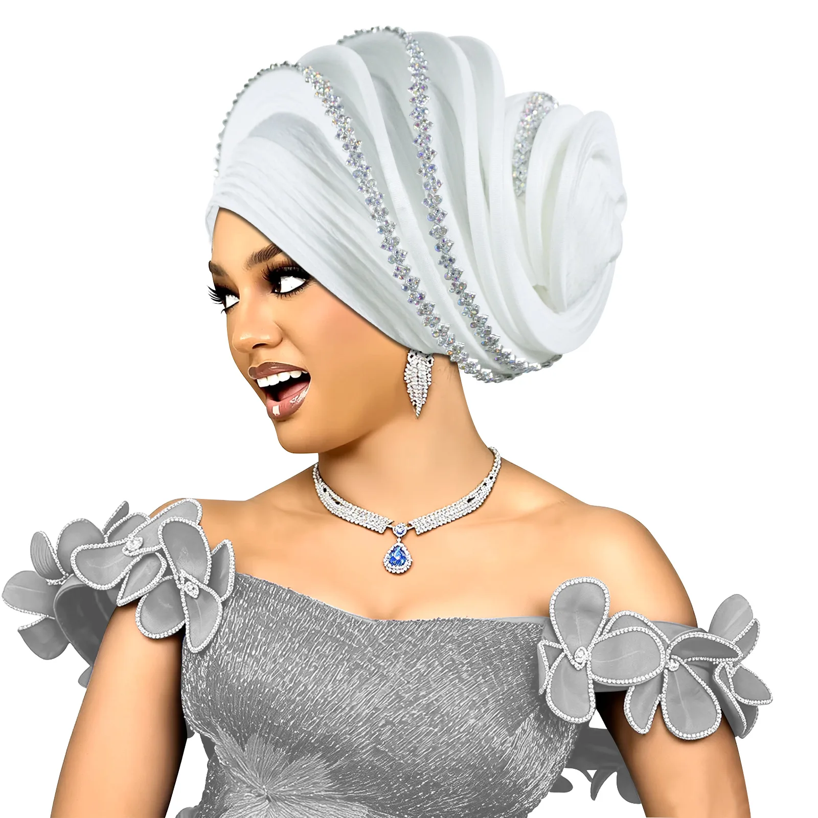 Sparkling Rhinestone Spiral Turban Hat Ladies African Nigeria Auto Gele Wedding Party Head Wrap Muslim Hijab Bonnet Fashion