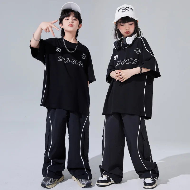 

Kid Cool Hip Hop Clothing Black Strips Oversized T Shirt Top Casual Ruched Cargo Pants for Girl Boy Jazz Dance Costume Clothes