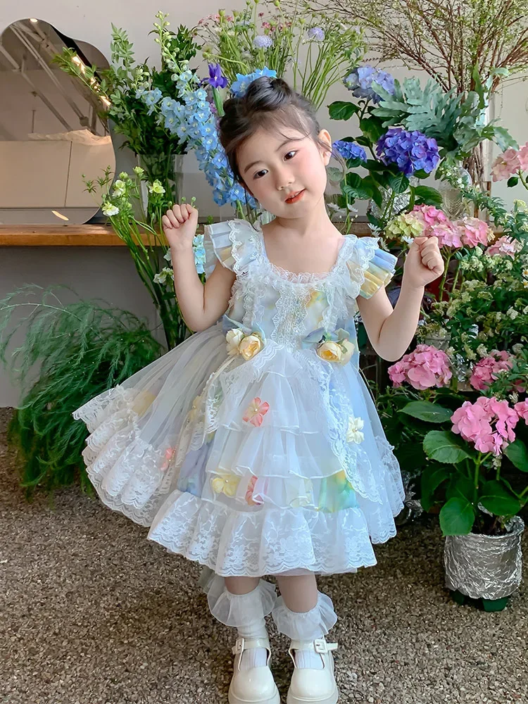 

2025Girls' Summer New Colored Tank Top Flower Bow Tie Lolita Princess Dress