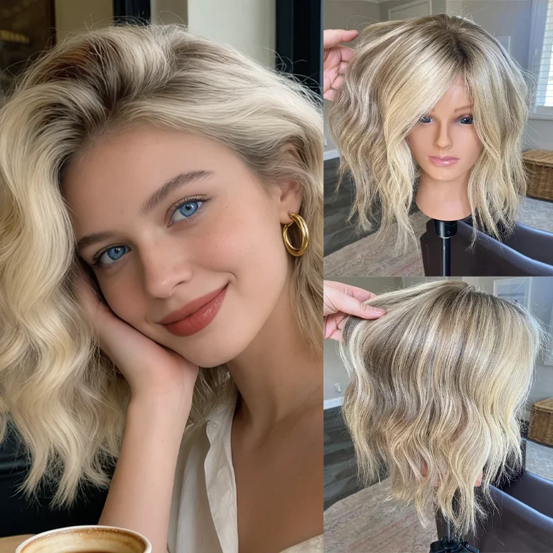 

Высокотемпературное волокно, реалистичный парик спереди, пепельно-русый мелирование, HD парики шнурка для женщин, выпадение волос 13x4, бесклеевой короткий боб, волнистый парик