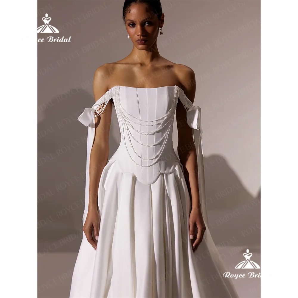 Roycebridal barco pescoço uma linha vestido de casamento 2025 cetim fenda lateral tribunal trem vestido de casamento personalizado vestido de novia bodarobes de