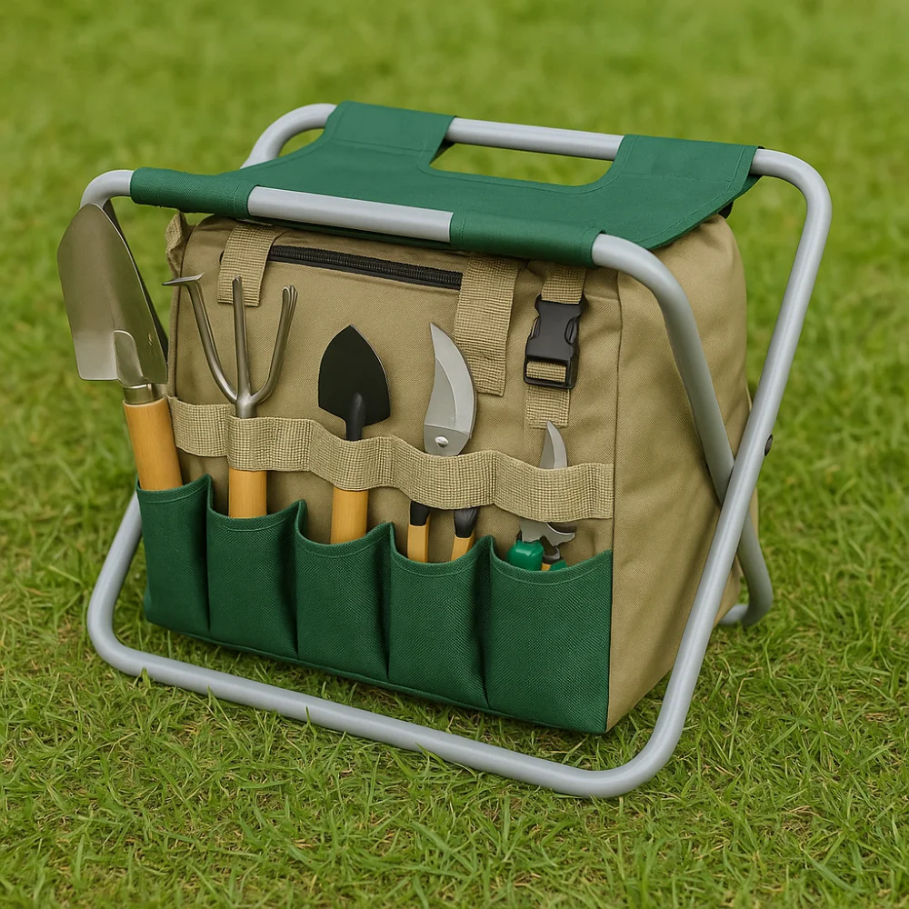 

2 in 1 Foldable Garden Stool Detachable Green Portable Folding Chair Canvas Large Capacity Garden Tools Storage Bag Gardening
