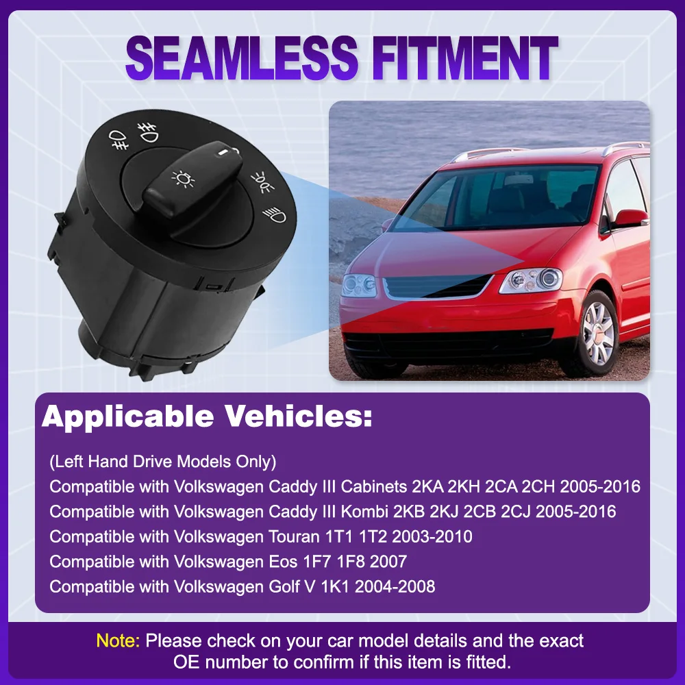 

Headlight Control Switch Fog Light Knob for VW Caddy Golf Touran Jetta Passat Rabbit 1K0941431Q 1K0941431N Left Hand Drive