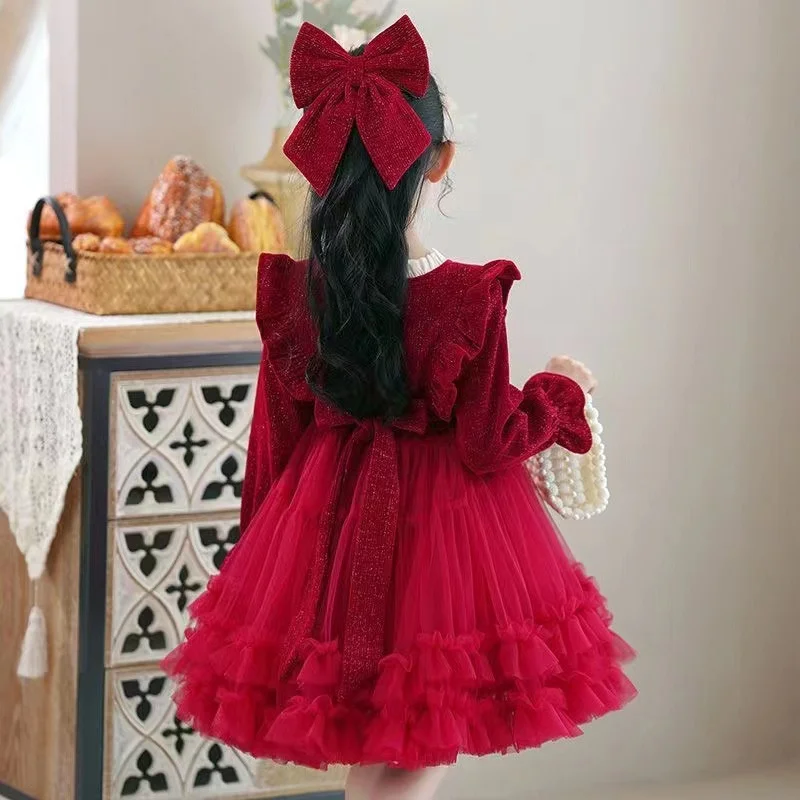 Princess Corduroy Dress Girls Autumn Winter Bow Mesh Gown Children Wedding Birthday Party Tulle Vestidos Kids Fashion Clothing