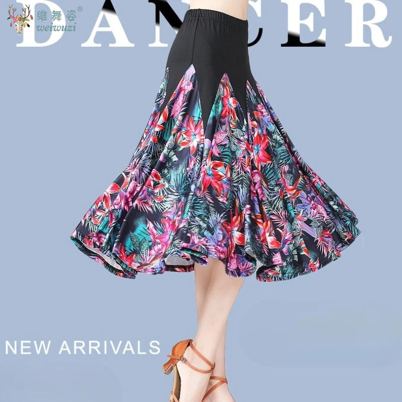 National Standard Walzer Flamenco Kostüme Frau Latin Dance Print Rock elastische Taille floral mittellanger Ballsaal Faltenrock