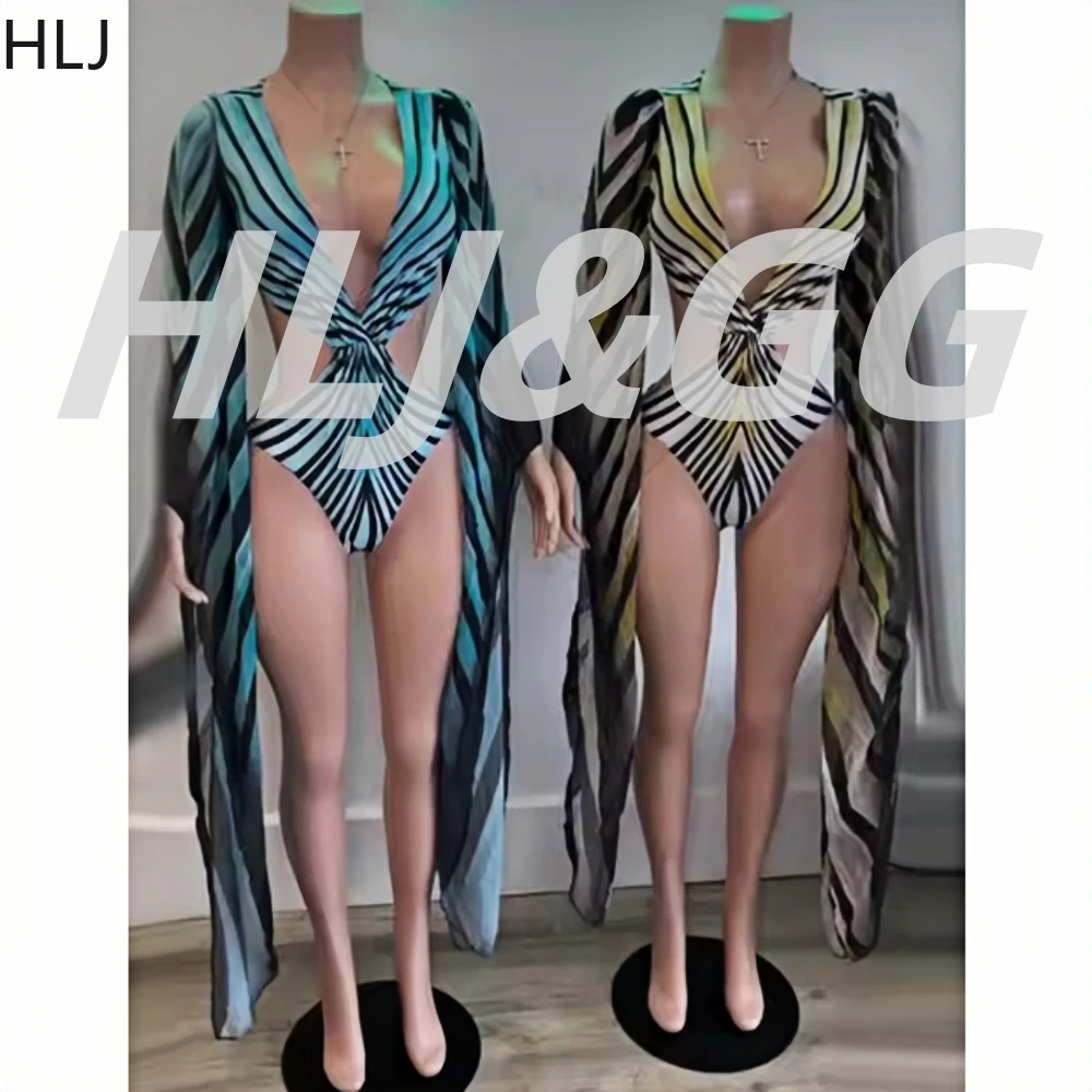 

HLJ Sexy Stripe Print Women Swimwear Bodysuits Fashion Swim Suit Bathing Suit Beachwear Long Sleeve One Piece Swimsuit Beachwear