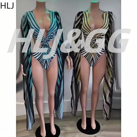 Swimsuit HLJ Sexy Stripe Print Women Swimwear Bodysuits Fashion Swim Suit Bathing Suit Beachwear Long Sleeve One Piece Swimsuit Beachwear