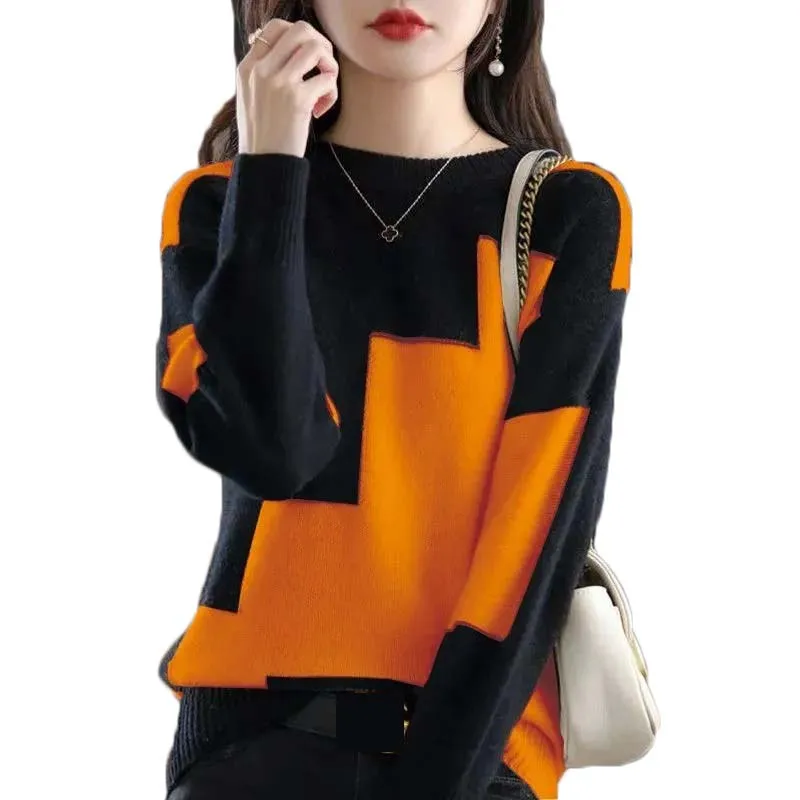 Moda O-Neck Spliced Knitted Color Sweater Odzież damska 2023 Jesień Nowe Luźne Casualowe Pulowery Koreańskie Kobiece Topy All-match