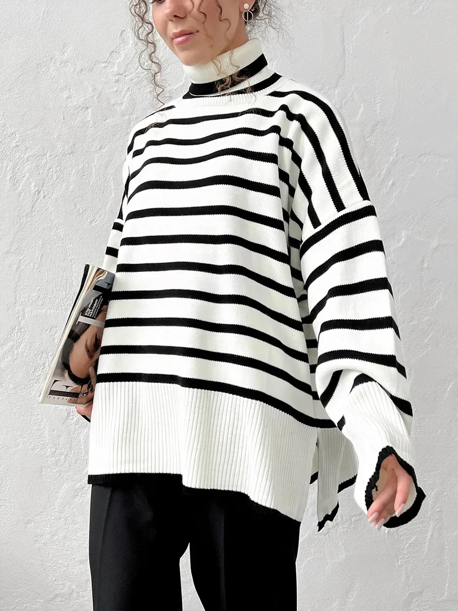 

Warm Striped Sweaters Women Oversized Loose Knit Turtleneck Pullovers Casual Jumper Cozy Thick Fall Winter 2025 Lady Street Wear