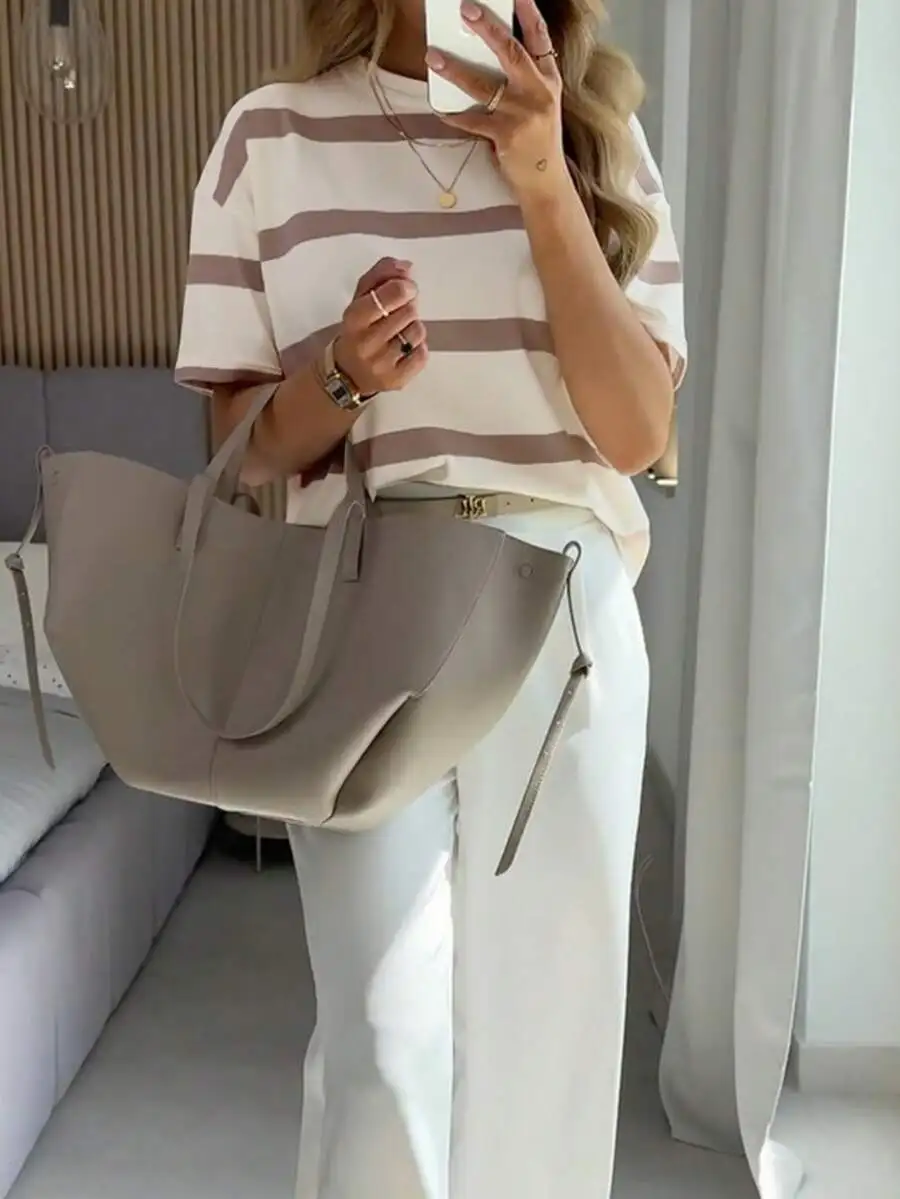 

Повседневная свободная футболка в полоску с коротким рукавом в корейском стиле для весны и лета