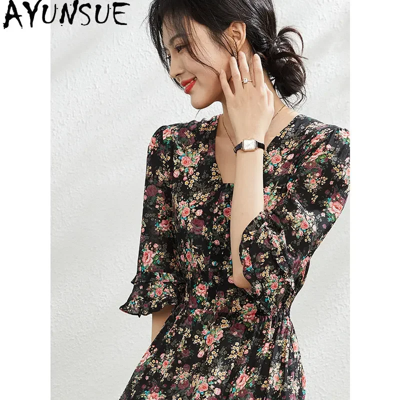 Summer Silk Dress Women's Clothing 2024 New High End Fragmented Floral U-shaped Collar Slim Long Dresses For Women Robe Femmes