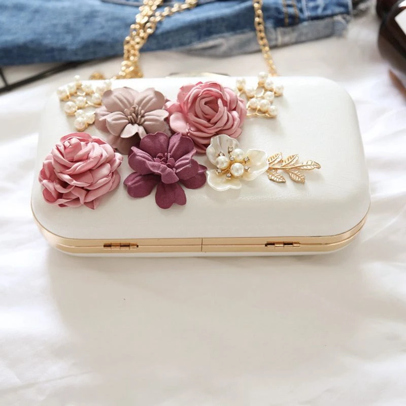 

A010 Women Clutches Purses Bags Flower Leather Envelope Pearl Wallet Evening Handbag(white)