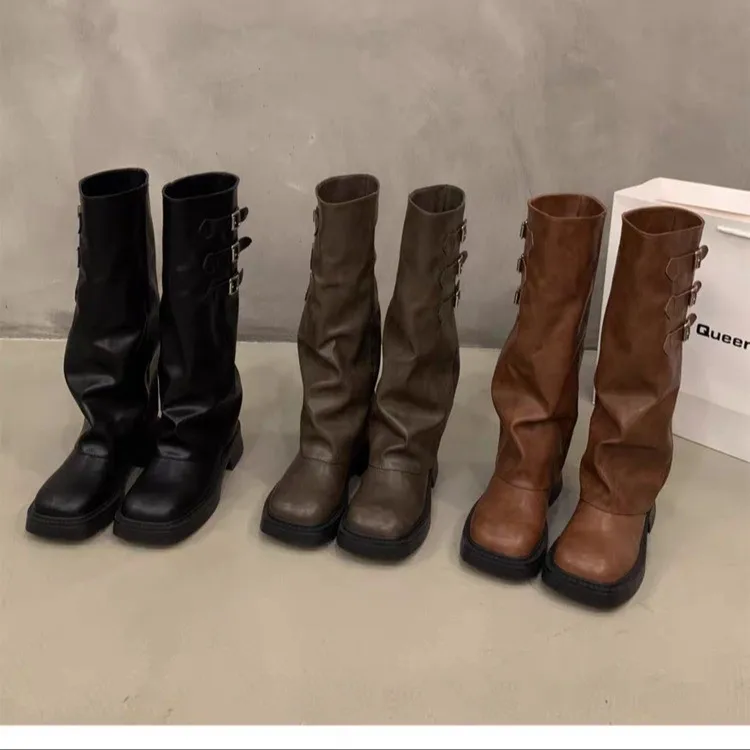 2025 Retro Style Knee High Boots Women Fashion Ladies Slip on Knight Long Boots Autumn Winter Women's Footwear Heels Women Boots view 3