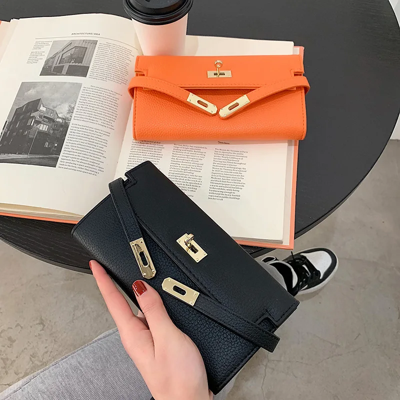 Fashion Women's Wallet with Lychee Pattern and Lock Buckle Long Wallet Solid Color Card Holder Coin Purse bolsas para mujeres