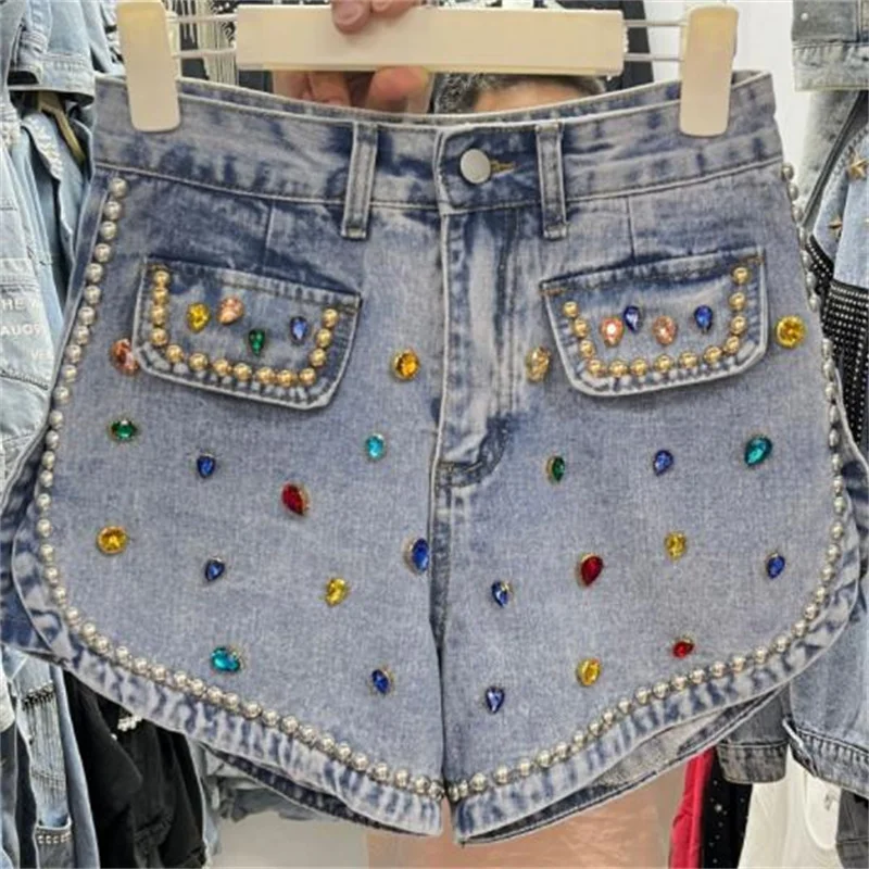 

Summer new fashion rivets beaded denim shorts women's diamond jeans