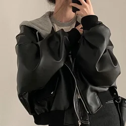 Spring Autumn Women Hooded Jacket Faux Leather Ladies Jacket Fashion Two Piece Short Jackets Female Vintage Casual PU Coat 2025