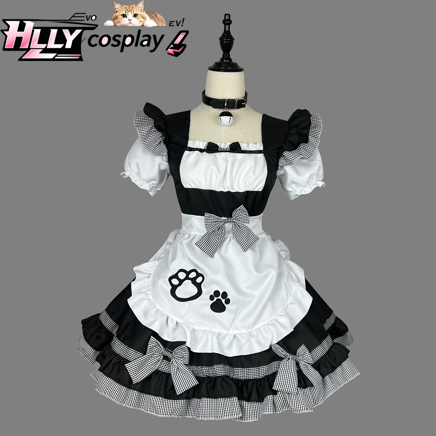 

Cat Girl Classic Maid Cosplay Costume Black White Dress with Paw Apron and Checkered Bows for Halloween Party Anime Cosplay