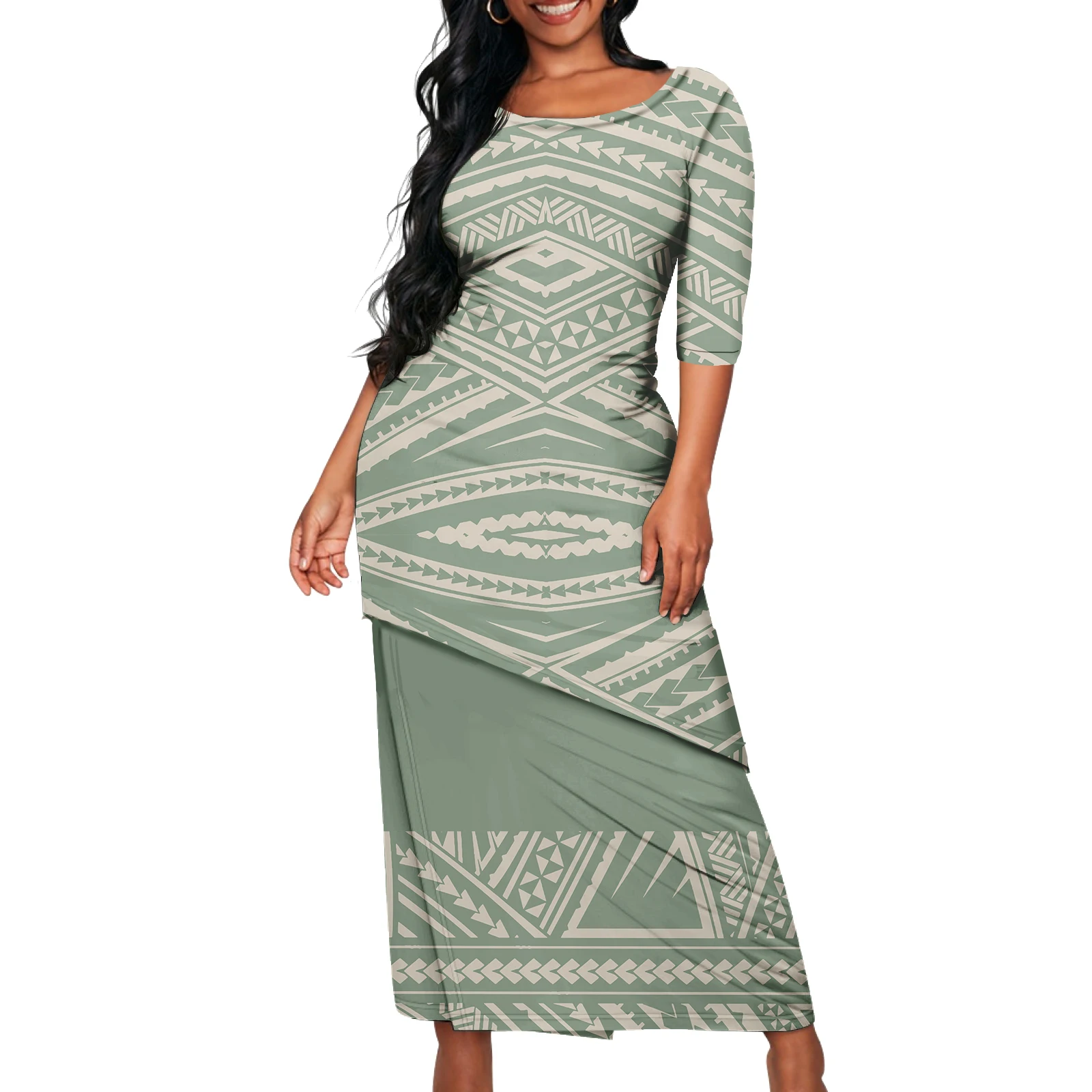 Saia de Terno Feminina Elegante com Design Exclusivo de Barra Inclinada para Baixo, Padrão Personalizado, Ajustada e de Camada Dupla, Estilo Puletasi Polinésio