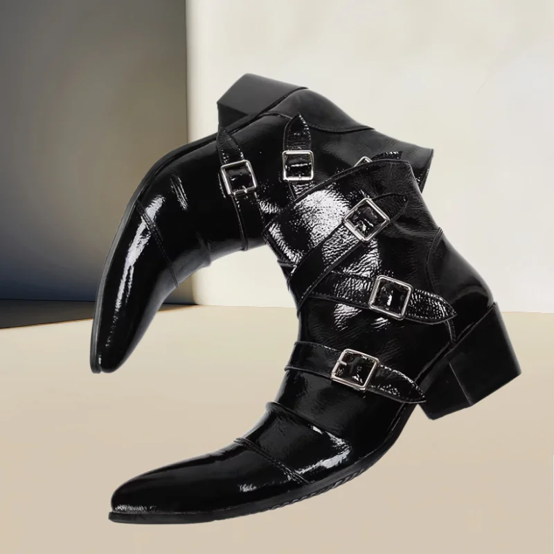 

Мужские туфли с пряжкой и квадратным носком, на массивном среднем каблуке, из лакированной кожи, с декоративными швами, на молнии
